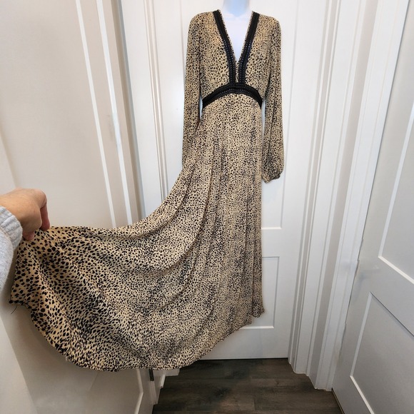 Baltic Born Cha Cha Maxi Dress M Taupe Leopard Black Lace Boho Wedding Guest - Picture 4 of 16